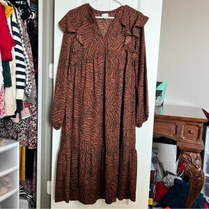 Brown long sleeve ruffle midi long sleeve dress XS